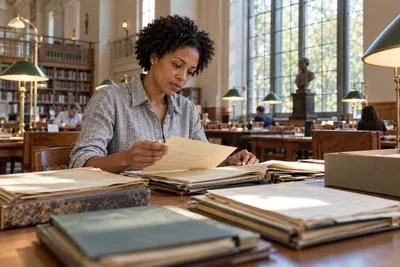 A researcher reviewing historical company documents
