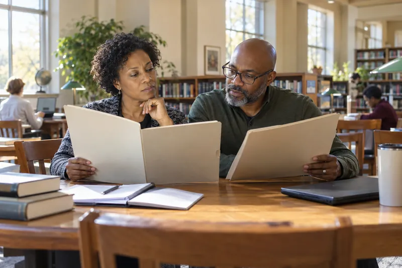 People comparing company documents