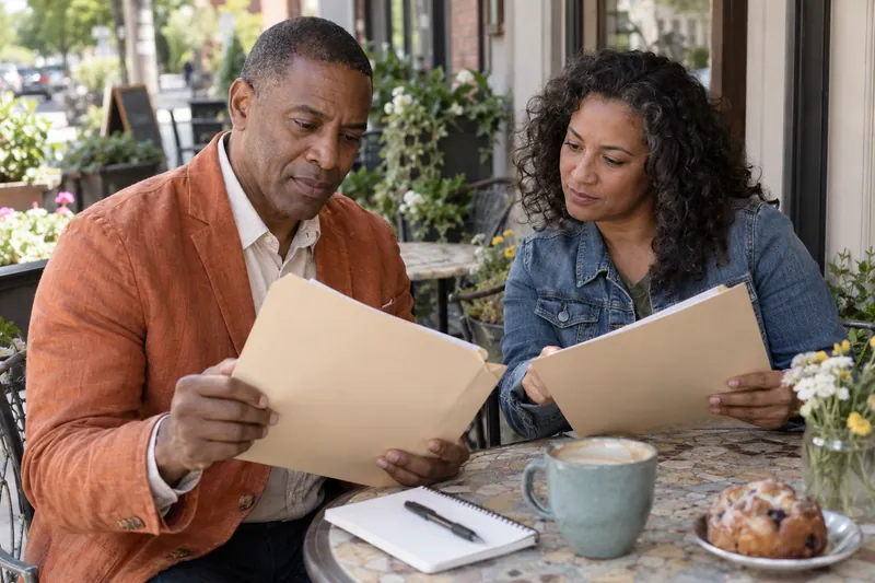 People comparing company documents