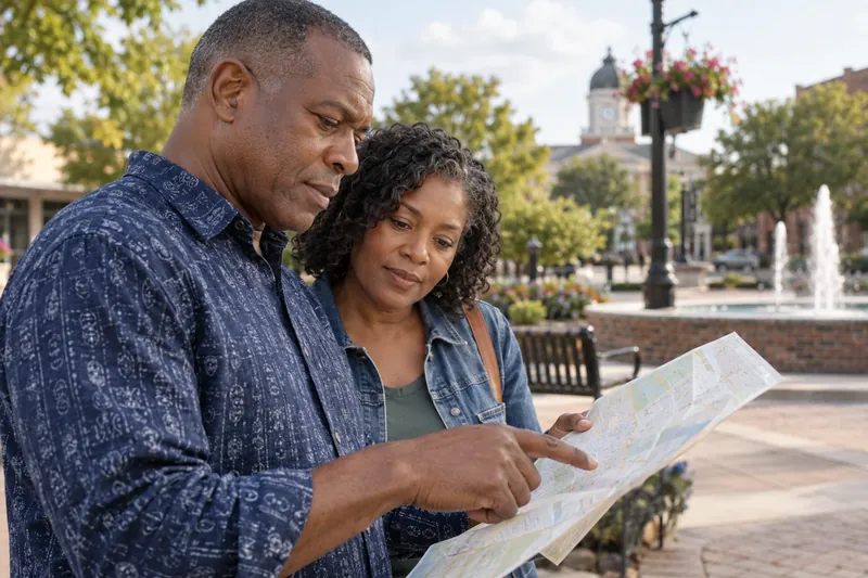 A visitor consulting a folded street map on a pedestrian square with a companion