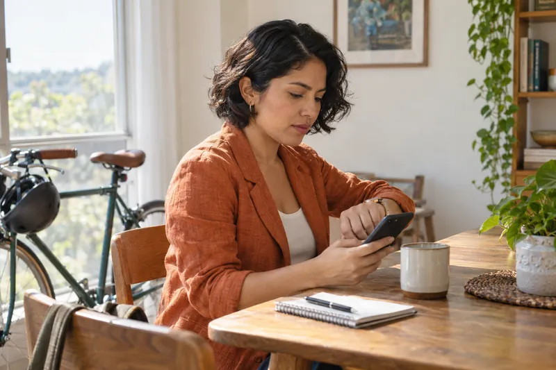 A visitor checking a watch and a phone beside a parked bicycle before a daytime appointment