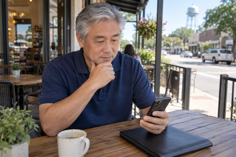 A visitor sitting at a public-library table with a phone map and a closed document folder
