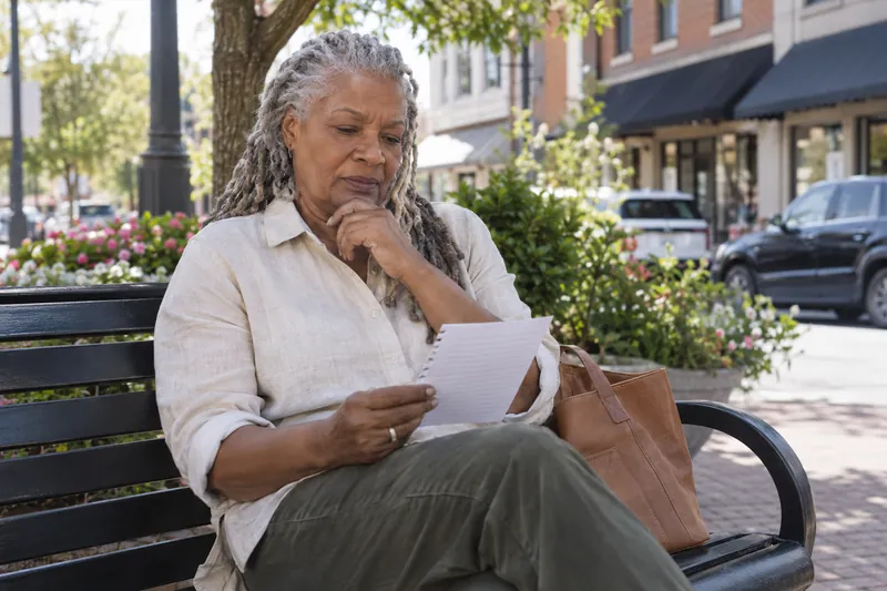 A visitor reviewing a short handwritten checklist on a park bench near a town shopping street