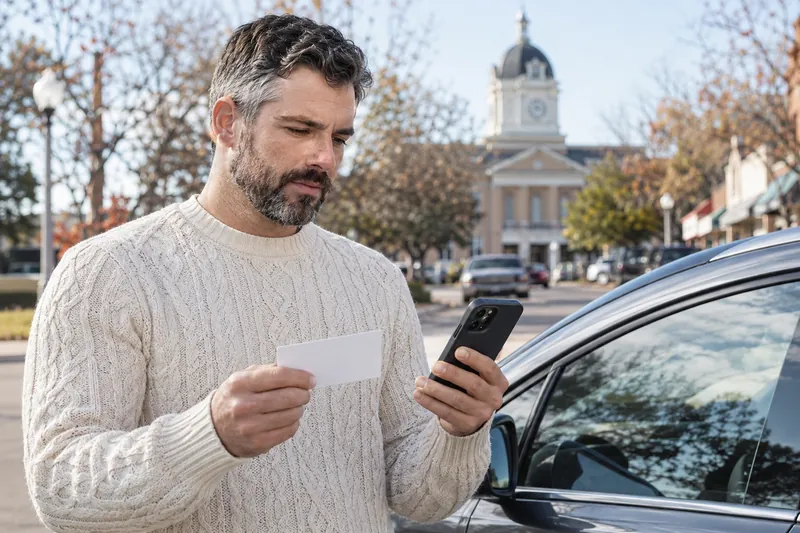 A visitor standing beside a parked car, comparing a blank appointment card with phone directions