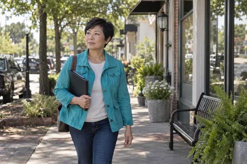A visitor arriving on foot along a tree-lined neighborhood commercial street, carrying a slim folder