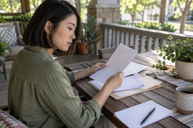 A visitor sitting on a shaded community-center veranda, organizing documents before a local visit