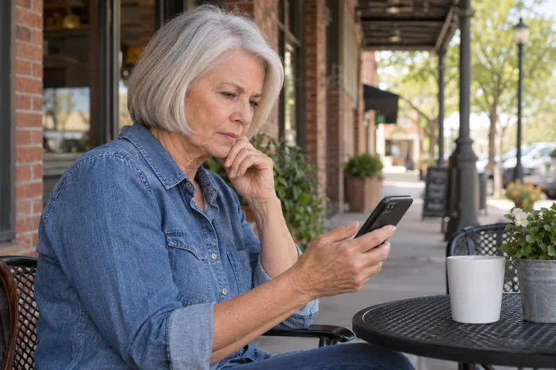 A visitor checking an address on a phone outside an unbranded mixed-use brick building