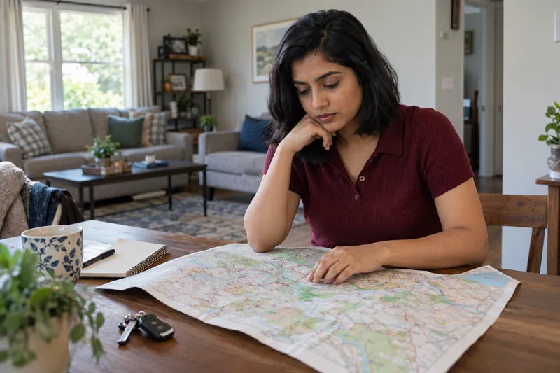 A visitor planning a trip using a town map at a kitchen table, with a car key nearby