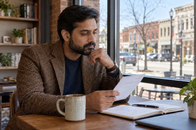 A visitor reading an appointment reminder by a cafe window overlooking an ordinary main street