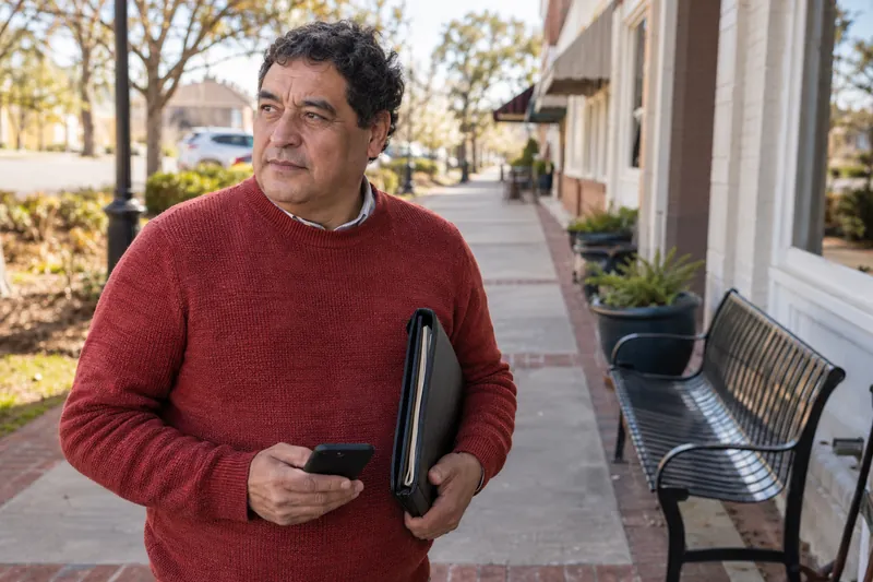 A visitor taking a pause on a pedestrian walkway with a document tote and phone in hand