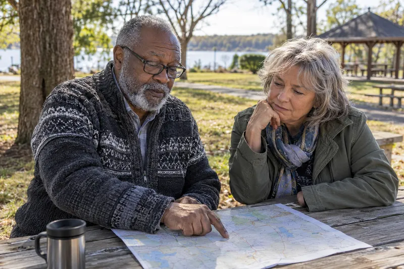 A visitor reviewing a map with a friend at a picnic table in a small public park