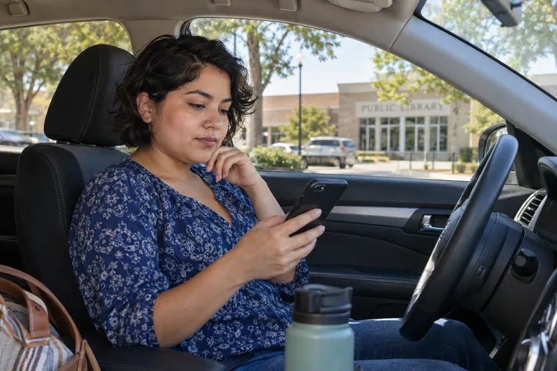A visitor sitting in a parked car checking a phone route before setting off, car stationary