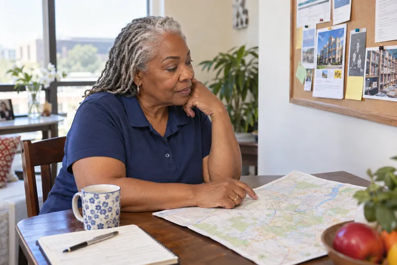 A visitor looking at a simple town map beside a library noticeboard with no readable text