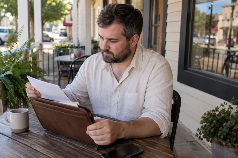 A visitor looking through a document pouch on a home porch before a planned appointment