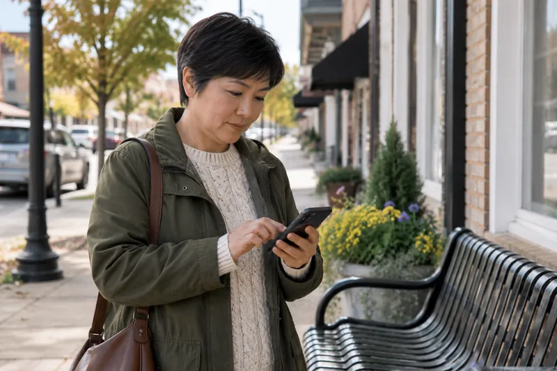 A visitor checking directions on a phone beside a small-town sidewalk bench, preparing for an appointment