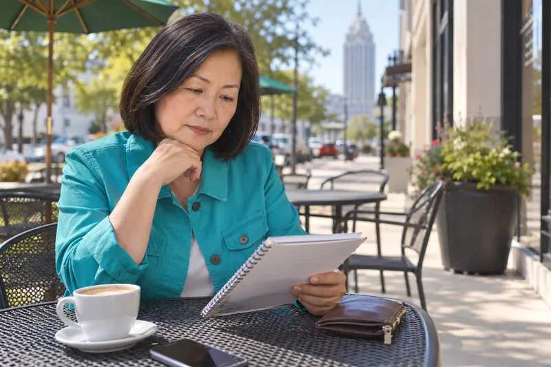 A visitor reviewing an appointment note at an outdoor cafe table before a local office visit