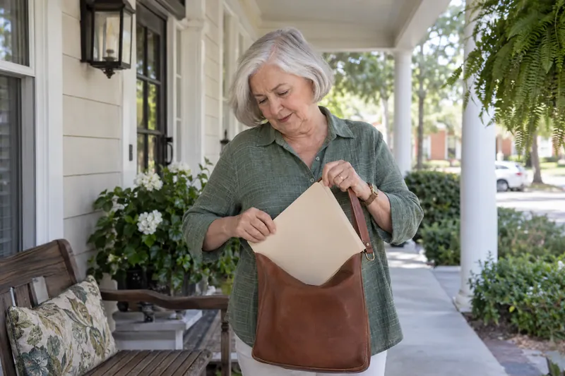 A visitor putting an unbranded document folder into a shoulder bag on a covered porch before going out