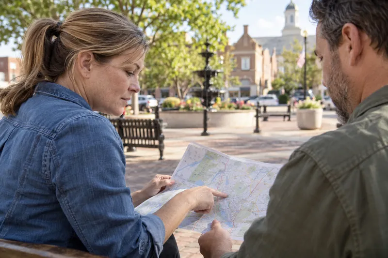 A visitor consulting a folded street map on a pedestrian square with a companion