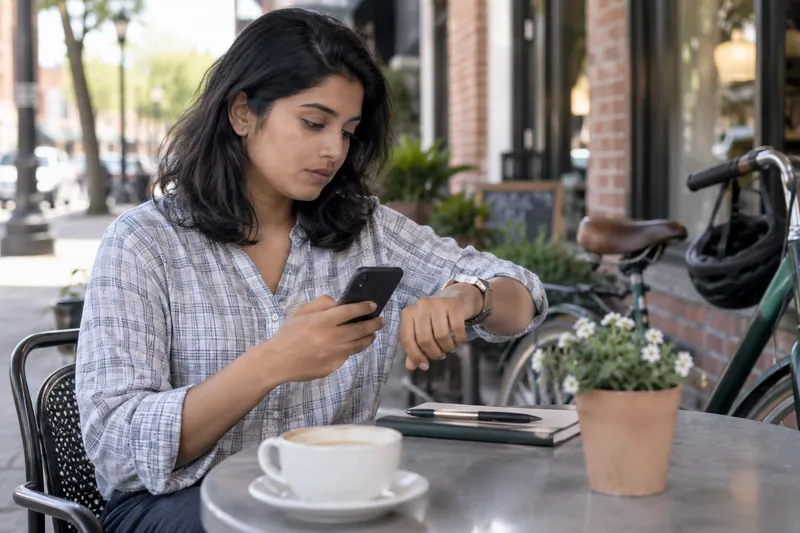 A visitor checking a watch and a phone beside a parked bicycle before a daytime appointment