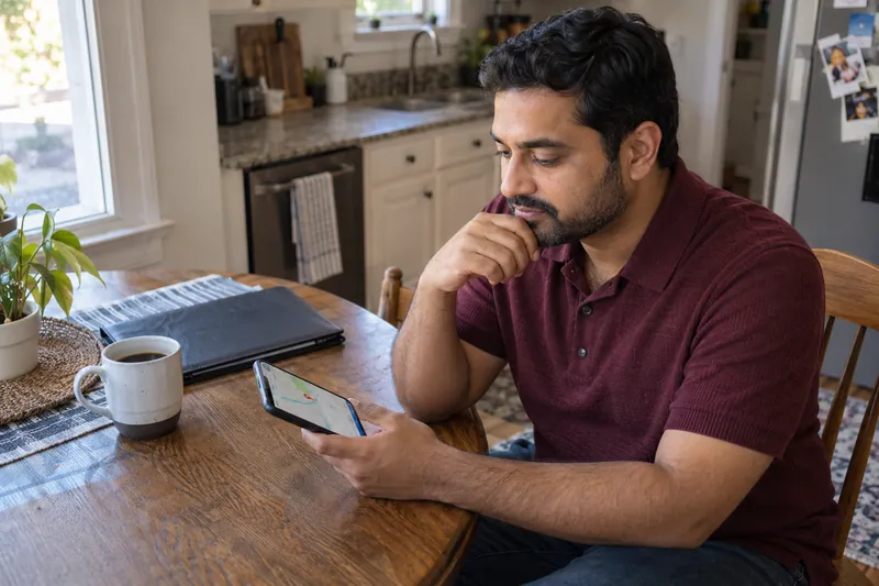 A visitor sitting at a public-library table with a phone map and a closed document folder