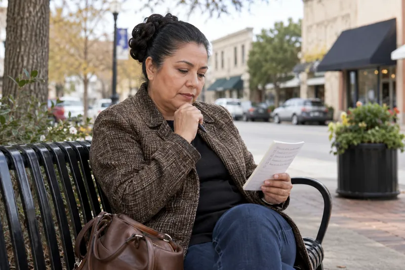 A visitor reviewing a short handwritten checklist on a park bench near a town shopping street