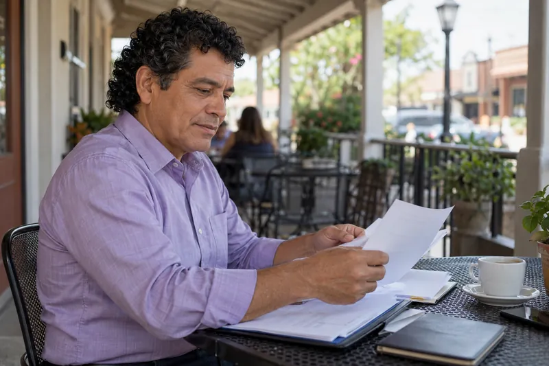 A visitor sitting on a shaded community-center veranda, organizing documents before a local visit