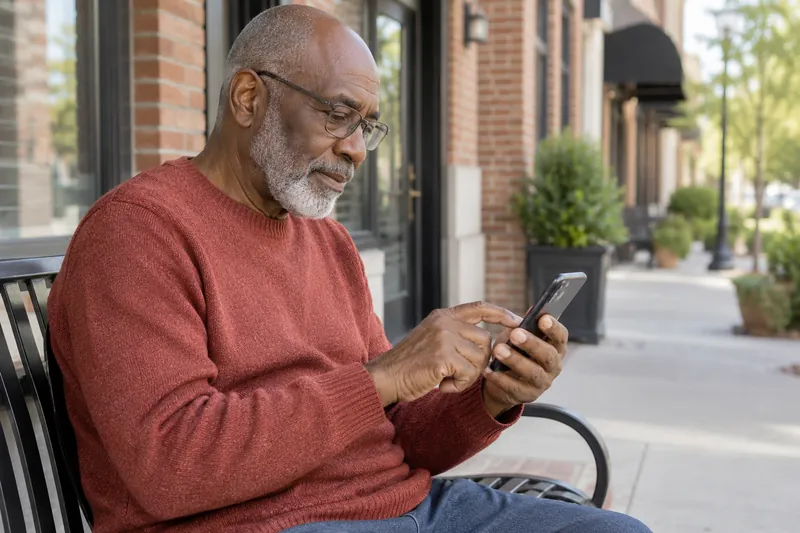 A visitor checking an address on a phone outside an unbranded mixed-use brick building