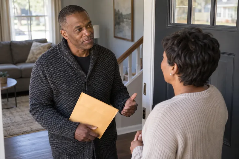 A visitor talking with a companion at a home doorway before leaving with a document envelope