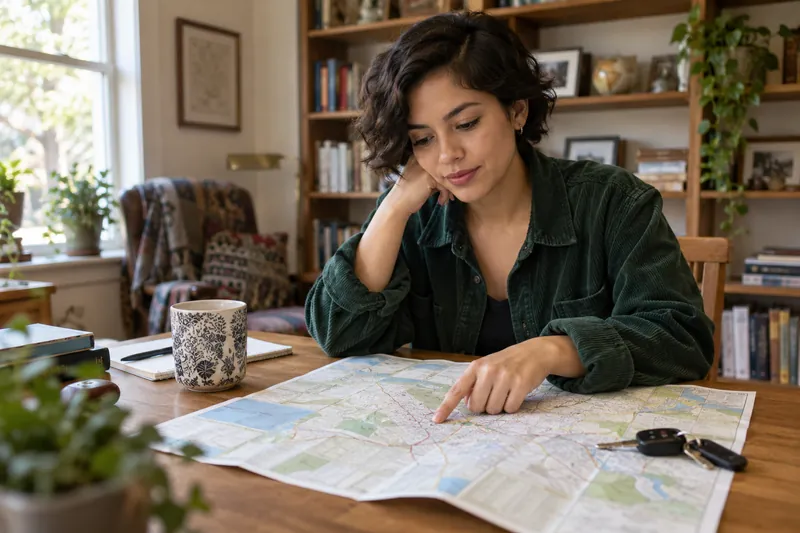 A visitor planning a trip using a town map at a kitchen table, with a car key nearby