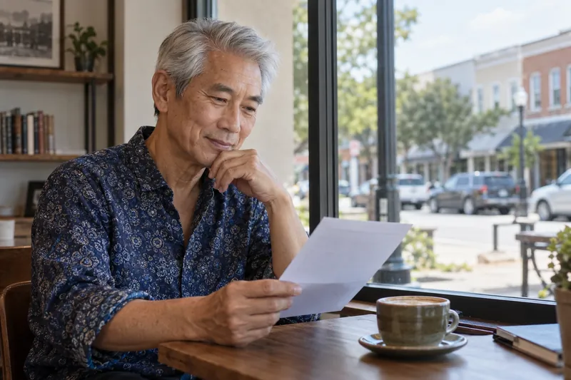 A visitor reading an appointment reminder by a cafe window overlooking an ordinary main street