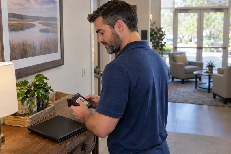 A visitor preparing an ID wallet and closed paperwork folder at a hallway console before going out