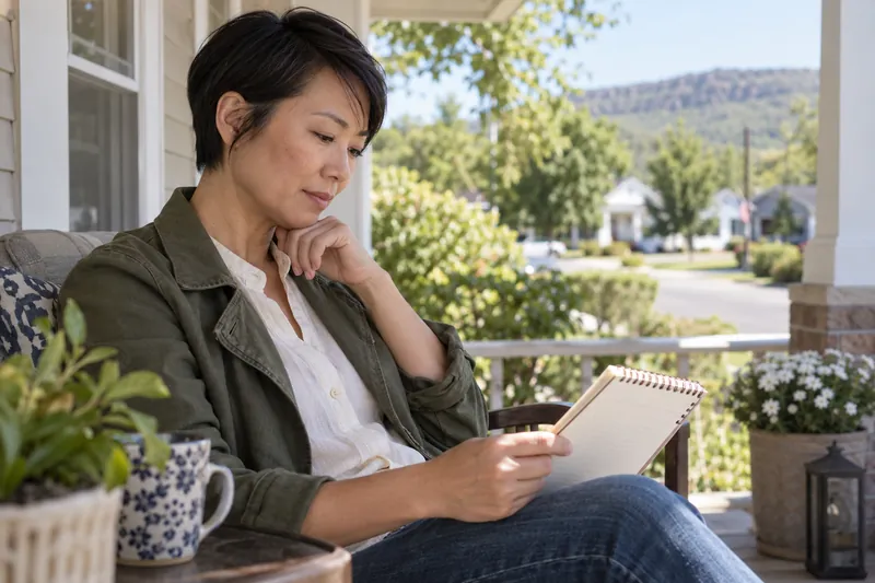 A visitor checking a local opening-hours note in a notebook on a sunny front porch