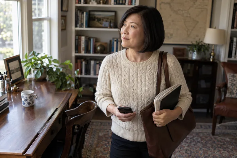 A visitor taking a pause on a pedestrian walkway with a document tote and phone in hand