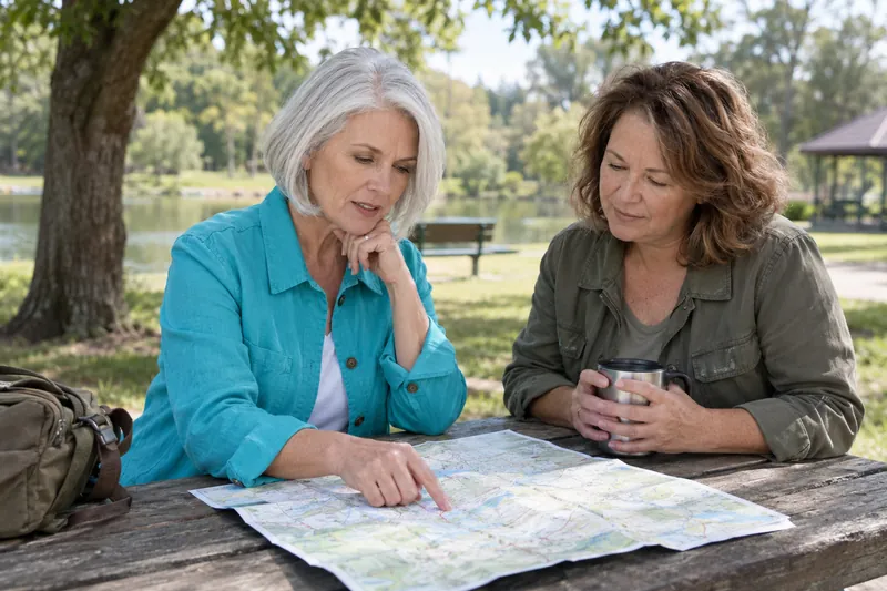 A visitor reviewing a map with a friend at a picnic table in a small public park