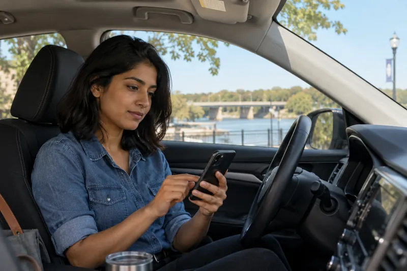 A visitor sitting in a parked car checking a phone route before setting off, car stationary