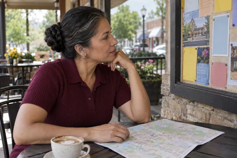 A visitor looking at a simple town map beside a library noticeboard with no readable text