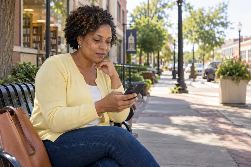 A visitor checking directions on a phone beside a small-town sidewalk bench, preparing for an appointment