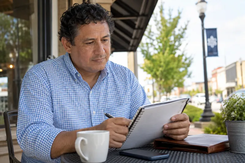 A visitor reviewing an appointment note at an outdoor cafe table before a local office visit