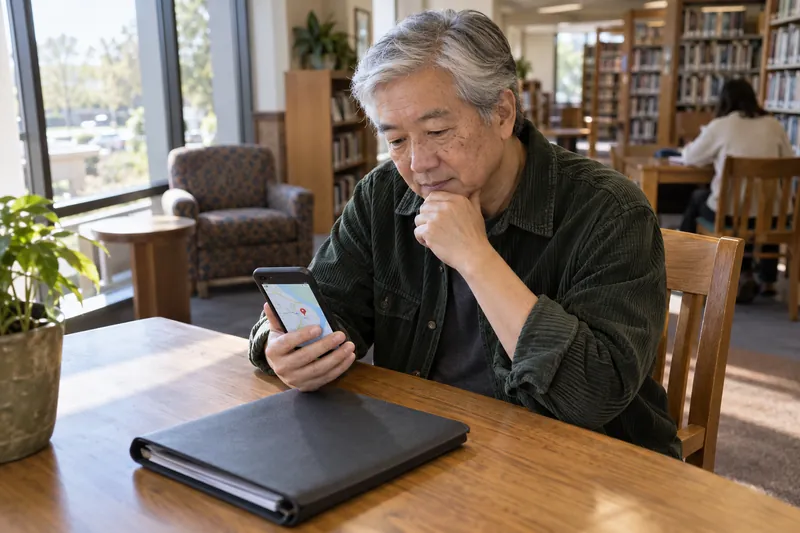 A visitor sitting at a public-library table with a phone map and a closed document folder