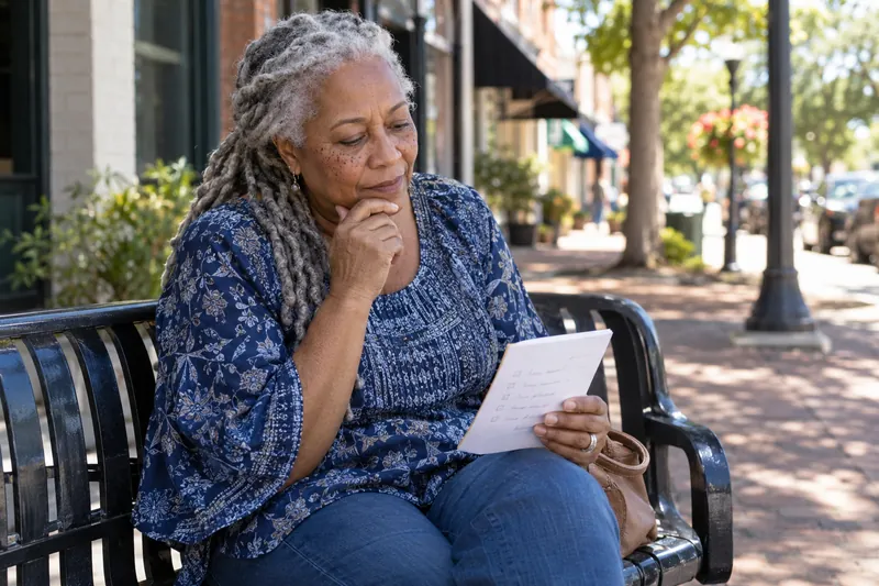 A visitor reviewing a short handwritten checklist on a park bench near a town shopping street