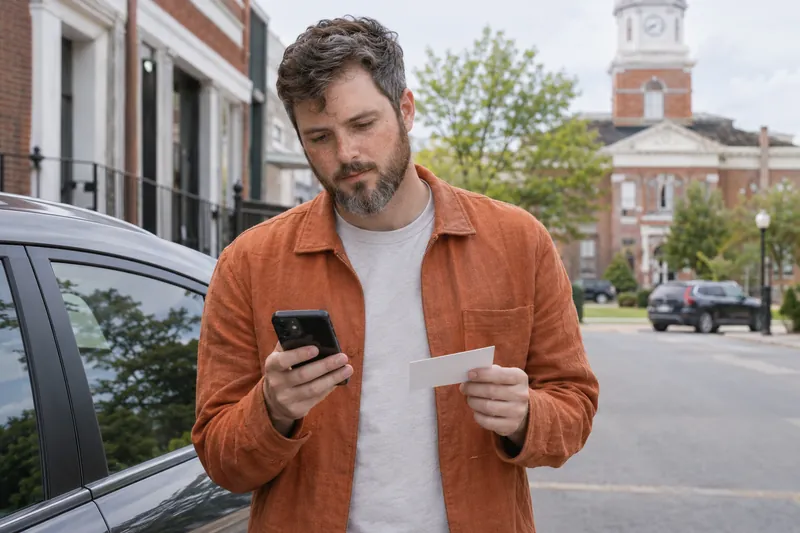A visitor standing beside a parked car, comparing a blank appointment card with phone directions