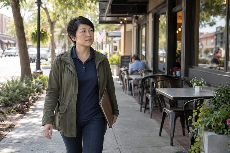 A visitor arriving on foot along a tree-lined neighborhood commercial street, carrying a slim folder