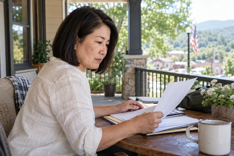 A visitor sitting on a shaded community-center veranda, organizing documents before a local visit