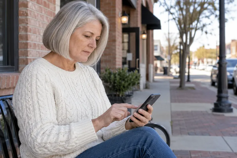 A visitor checking an address on a phone outside an unbranded mixed-use brick building