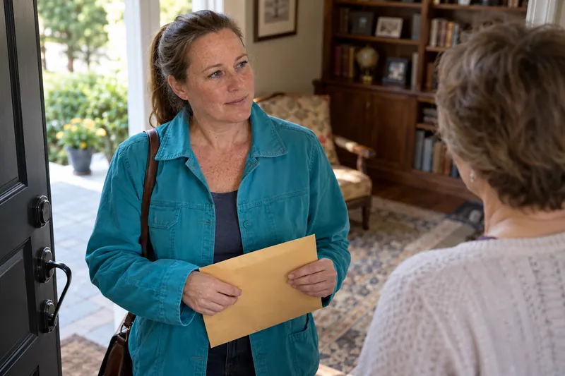 A visitor talking with a companion at a home doorway before leaving with a document envelope