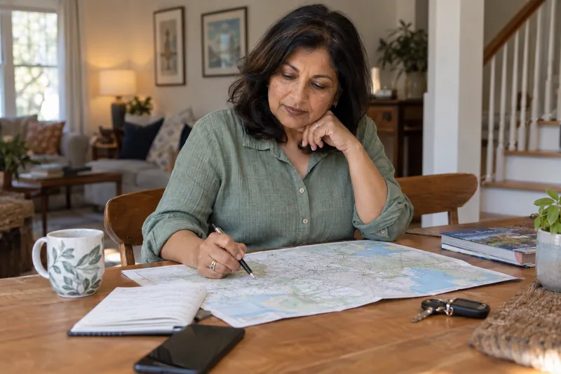 A visitor planning a trip using a town map at a kitchen table, with a car key nearby