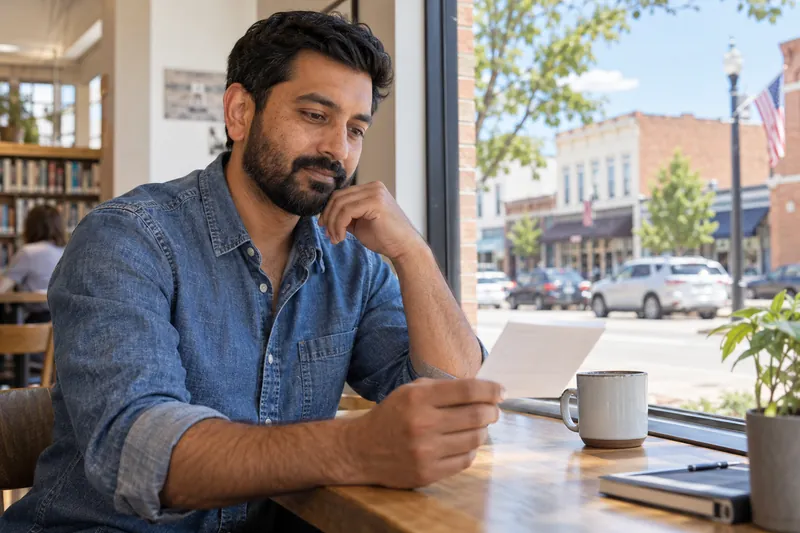 A visitor reading an appointment reminder by a cafe window overlooking an ordinary main street