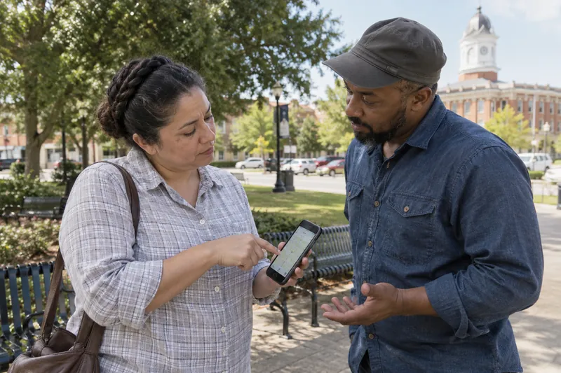 A visitor asking a companion for directions while pointing at a phone map near a public bench
