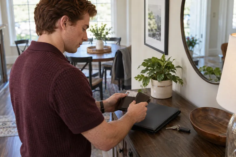 A visitor preparing an ID wallet and closed paperwork folder at a hallway console before going out