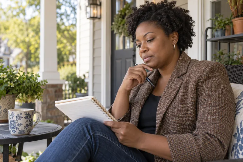 A visitor checking a local opening-hours note in a notebook on a sunny front porch